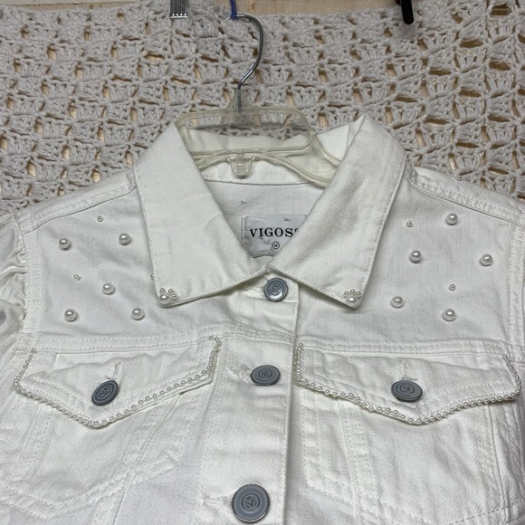 Vigoss Denim Jacket Womens Sz M White‎ Jean Petals Pearl Posy Pockets Western - Picture 12 of 13